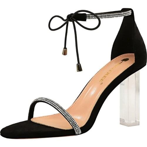 Womens sandals 2021 new summer diamond one line crystal square heel fashion sexy nightclub beautiful temperament shoes