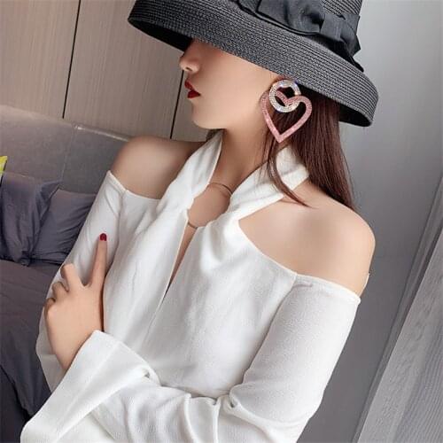 FYUAN New Green Pink Heart Crystal Earrings for Women Oversize Circle Rhinestone Drop Earrings Statement Earrings Gifts