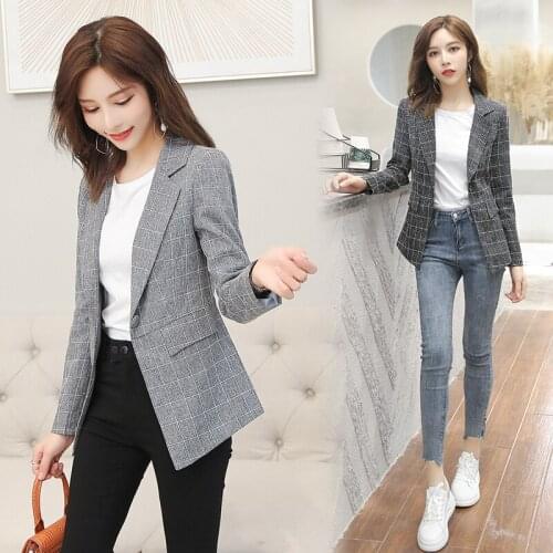 Vintage Casual Blazer Women Fashion Spring and Autumn One button coat Office Ladies Jacket lapel Long Sleeve Suit jacket