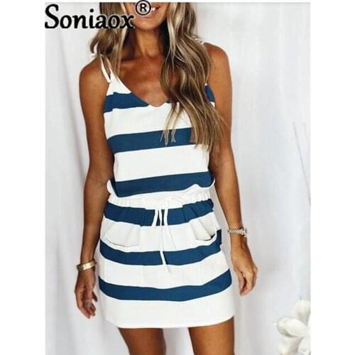 2021 Summer Womens Sexy Sling Dress Striped Patchwork Plus Size Casual V-Neck Sleeveless Dresses Ladies Pocket Drawstring Dress