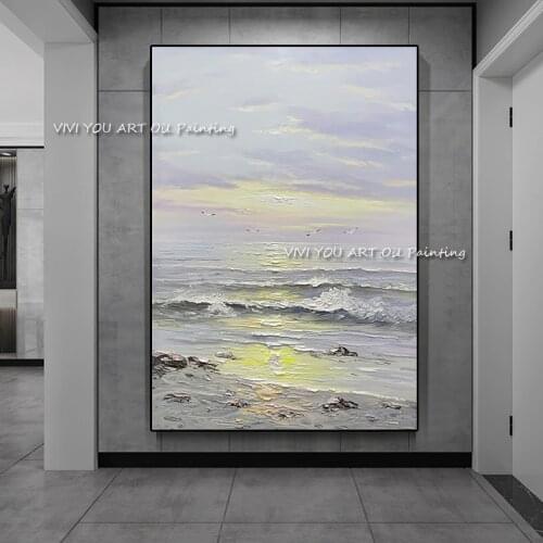 100% Handmade Abstract Ocean Oil Painting Modern Pictures Wall Art on Canvas Grey White for Living Room Home Decoration