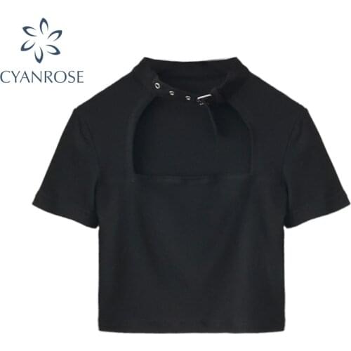 2021 Summer Black Streetwear Sexy Bodycon T Shirt Women Clubwear Y2K Tide Crop Tops Female Hollow Out Design Egirl Chic Tees