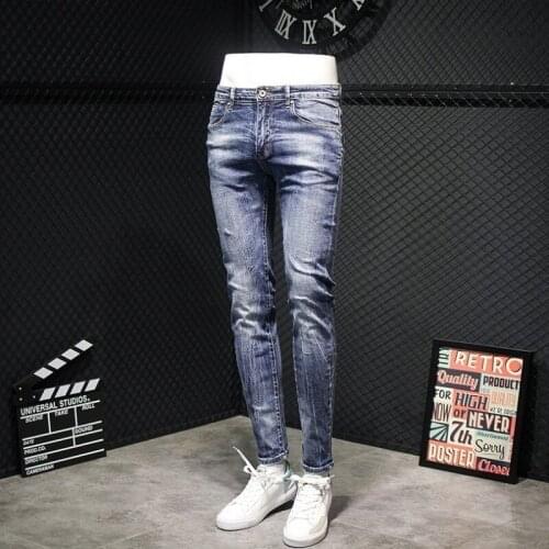 2021 Fashion Korean Mens Skinny Jeans Streetwear Distressed Ripped Pants Casual Pencil Pants Male Classic Blue Denim Trousers