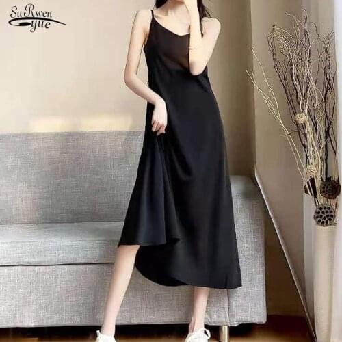 2021 New Korean Satin Dress for Women Sleeveless Sexy Party Midi Dresses Plus Size Solid V-Neck White Long Dress Sukienki 14496