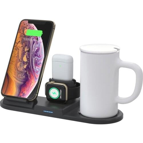 15W 4 in 1 Qi Fast Wireless Charger for iPhone 11 Pro Max Charger Dock for Apple iWatch Airpods Pro Holder with Thermostatic Cup