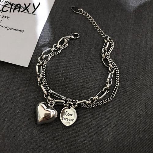 CIAXY 925 Sterling Silver Love Heart Letter Double Layer Bracelet for Women Vintage Design Thai Silver Luxury Jewelry 2021NEW