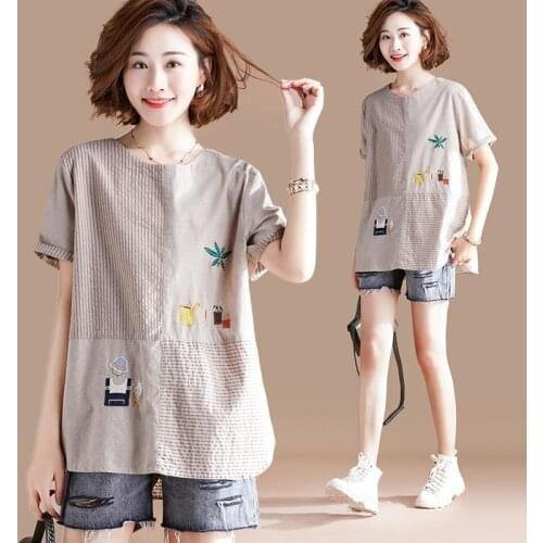 Femme Cotton Linen Tops Plus Size Summer Fashion Women Long Sleeve O-Neck Tshirt Patchwork Stripe Loose Casual Tee Shirt