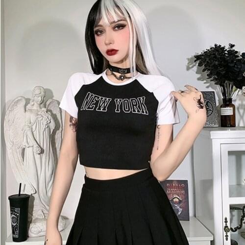 Goth Black T-Shirt Punk Short Sleeve Letter Print Crop Top Summer Clothes Streetwear O Neck Patchwork Tees