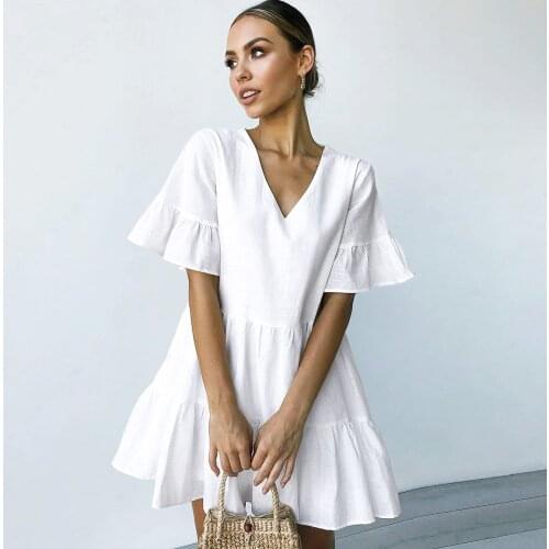 Echoine 100% Cotton Solid Elegant V-neck Mini Dress Ruffle Short Sleeve Summer Sundress Black Party Club Vintage Vestidos