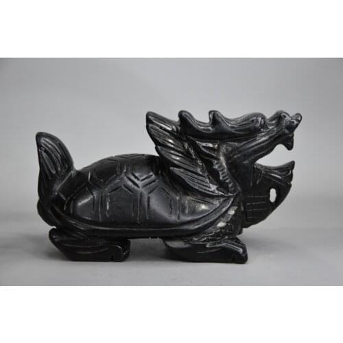 Collections Chinese HongShan culture Meteorite jade Hand-carved Dragon turtle statue Black stone Sculpture Ornaments