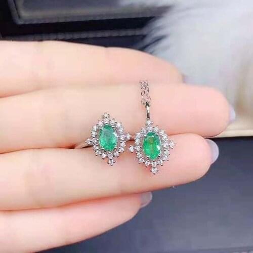 Natural Emerald S925 Sterling Silver Ring Pendant Necklace Set Fine Fashion Weddings Jewelry for Women MeibaPJFS