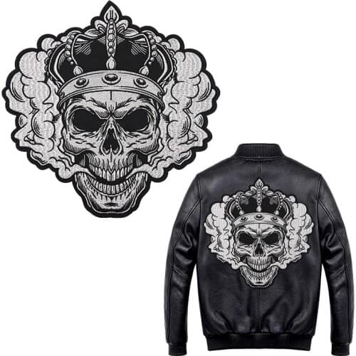 Crown smoke skull Iron On Patch Embroidered Applique Sewing Label punk biker Patches Clothes Stickers Apparel Accessories Badge