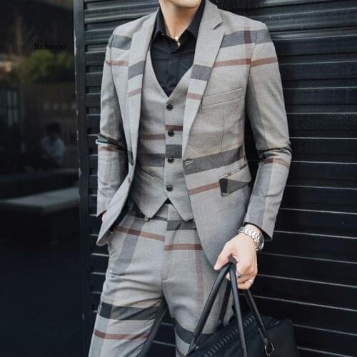 British Mens Plaid Striped Suit Set Three-Piece, Slim Fashion Wedding Banquet Stage Dress, Casual Business Large Size Suit 5Xl