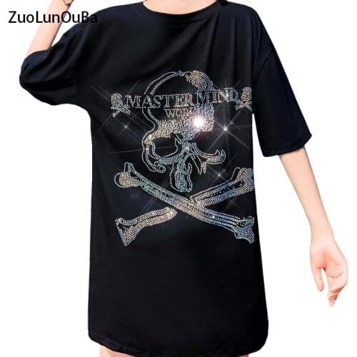 ZuoLunOuBa 2021 Summer Long Streetwear Women T Shirt Hot Drilling Harajuku Cartoons Skeleton Black Tees Loose Tops Female