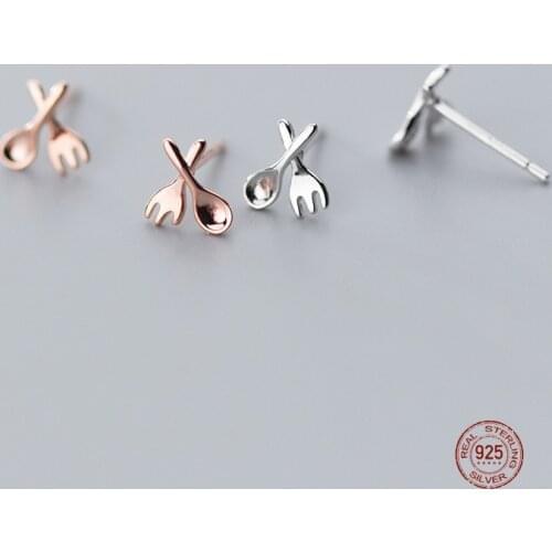 LKO Originality Tableware Spoon Fork Asymmetry 925 Sterling Silver Stud Earrings Shiny Smooth Trendy Earring Ornaments for Women