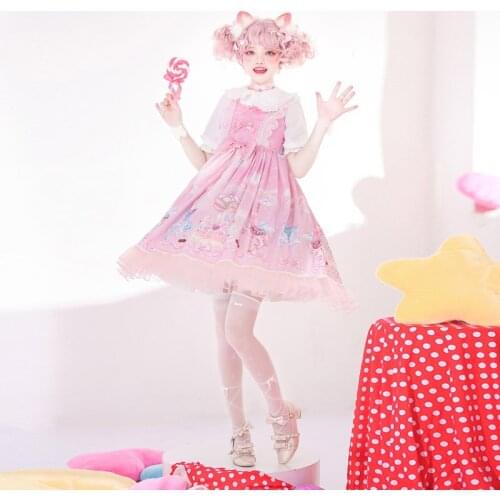 Kawaii Sweet Girl Lolita Dress Women Cute Bow Cartoon Print Strap Dress Vestidos Midi Vintage Lace Ruffle Party Jsk Girly Lolita