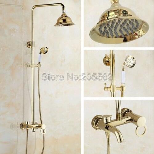 Bathroom Golden Brass 6.3" inch Shower Head Rain Shower Faucet Set Single Handle Tub Mixer Taps lgf416