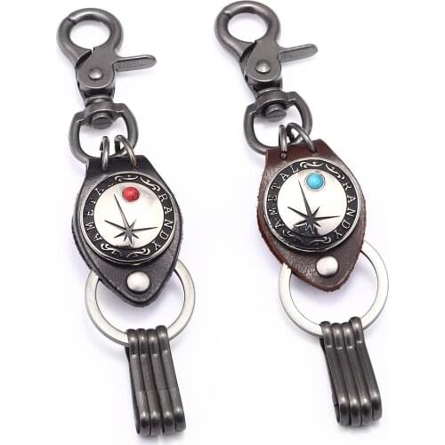 New Arrival Vintage Cowhide Alloy Letter Car Key Accessories Semi-preciou Stones Inlay Keychain Jewlry for Unisex Gift Hot Sale