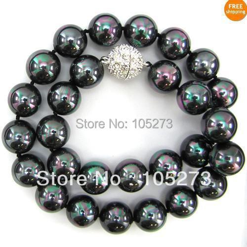 Wholesale Perfect Jewelry 14MM Rainbow Peacock Shell Pearl Necklace Strand Perfect Rhinestone Magnet Clasp New Free Shipping