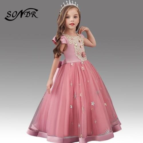 Appliques Flower Girl Dresses HT215 O-Neck Short Sleeve Sequined Embroidery Girls Pageant Dress Bow Zipper Communion Gowns 2020