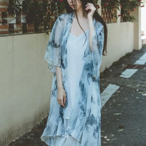 QPFJQD Ladies Long Sleeve Loose Comfortable Tops 2021 Summer Autumn Female Elegant Irregular Chiffon Print Floral Cardigan