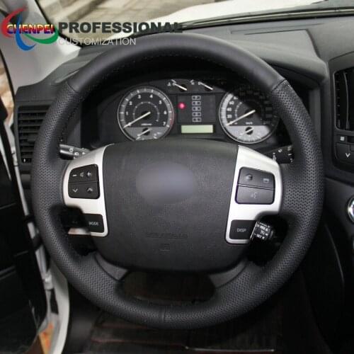 DIY Hand-Sewn Non-Slip Black Leather Steering Wheel Cover For Toyota Land Cruiser Tundra Sequoia Car Interior Accessories