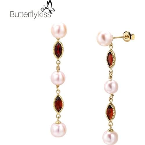 BK Pearl Garnet Drop Earrings For Women 9k Genuine Gold 585 Long Thread Tassel Geometric Korean Earring Fashion Jewelry