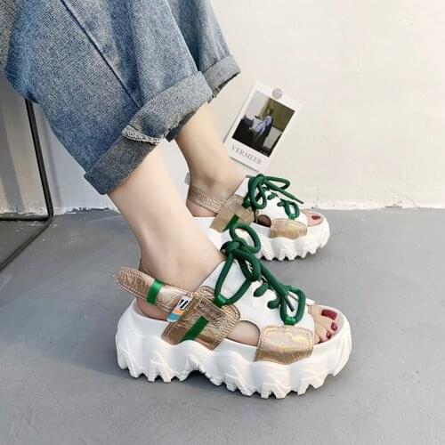 2020 Summer Chunky Sandals Women 7cm Wedge High Heels Shoes Female Buckle Platform Leather Casual Summer Slippers Woman Sandal