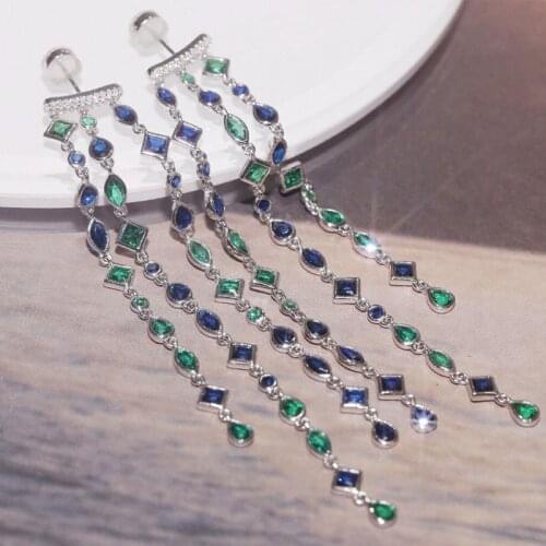 SLJELY High Quality 925 Sterling Silver Luxury Jewelry Multicolor Blue Green Cubic Zirconia Tassel Long Drop Earrings for Women
