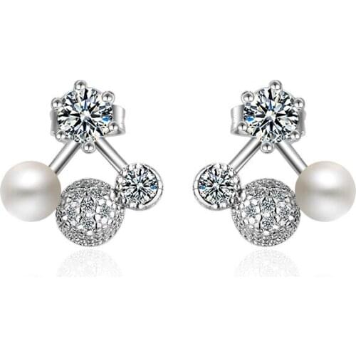 Hot Sale Wholesale 2017 New Fashion Cherry Design Pearl Shiny Zircon 925 Sterling Silver Stud Earrings for Women Jewelry Gift