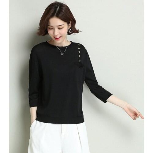 Women Knitted Pullovers Sweater Spring Summer Three-quarter Sleeve Korean Loose Jumper Tops Lady Thin Solid Color Sweaters H9354