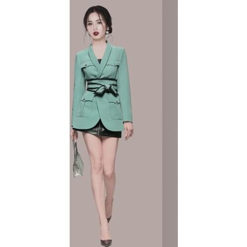 2021 New Spring Autumn Europe Brand Fashion Two Piece Set for Women V-neck Corset Blazer and Zipper PU Leather Skirts Ladies Set
