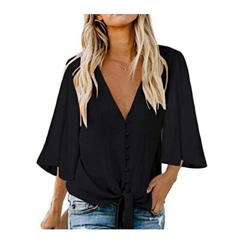 Womens Casual Short Tops Summer V-Neck Loose Short Sleeve Button Down Tops with Ribbons Female Solid Tees 3 Colors