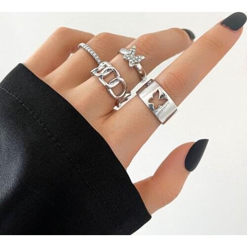 Aprilwell 4 Pcs Butterfly Rings Set for Women Metal Silver Color Shinestone Aesthetic 2021 Fashion Jewelry Y2k Matching Anillos