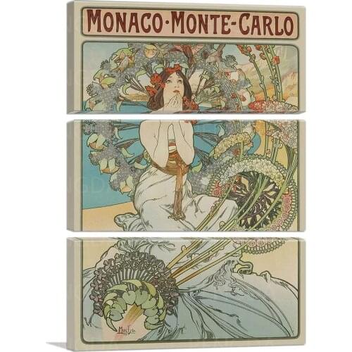 Home Decorative Monaco Monte Lady Canvas Paintings HD Prints Modular Nation Mucha Pictures Wall Art Retro Poster Artwork Framed
