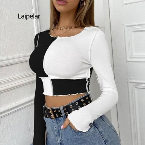 Spring Summer Long Sleeve Tops Women Knitted Tops Patchwork T Shirt Clothes Elegant Streetwear Tshirts
