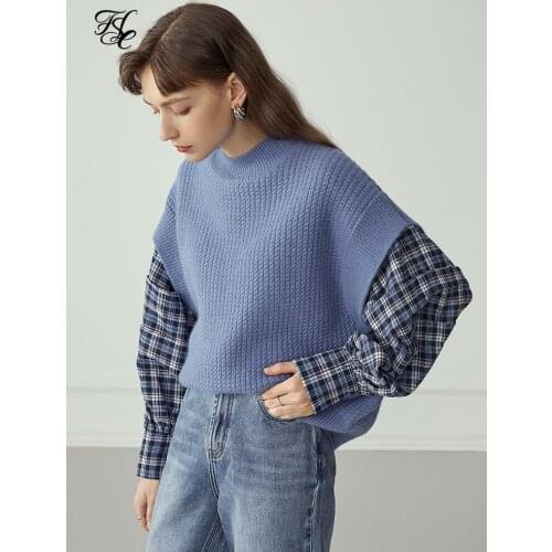 FANSILANEN Fake two piece set oversized blue knitted sweater Women long sleeve patchwork pullover Winter casual jumper knitwear