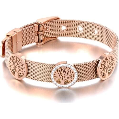 Original Design CZ Crystal Tree Charm Bracelets Jewelry For Women Rose Gold Stainless Steel Adjustable Bracelet B19095
