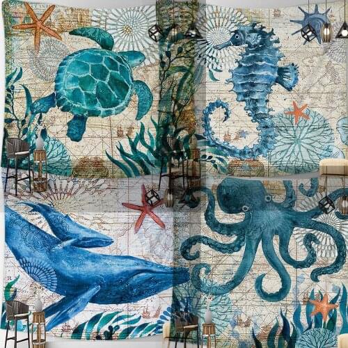 Sea Turtle Seahorse Whale Octopus Marine Life Ocean Hanging Trippy Tapestry Wall Handmade Decor Art Bedroom Living Room Dorm