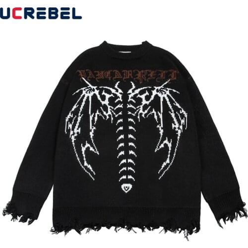 Skeleton Jacquard Sweater Mens High Street Autumn Knitted Sweater Raw Hem Ripped Loose Crew Neck Long Sleeve Pullover Men