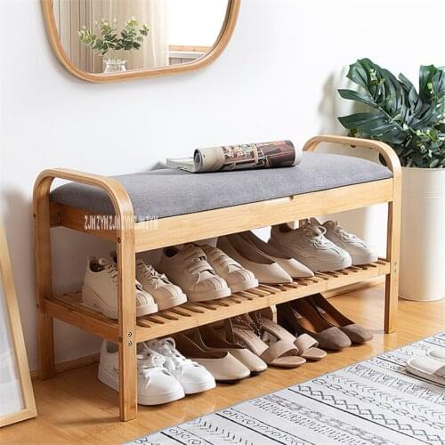 ND190508 Living Room Double Deck Wood Shoe Storage Cabinet Doorway Creative Wood Shoe Rack Modern Fabric Shoes Trying Stool