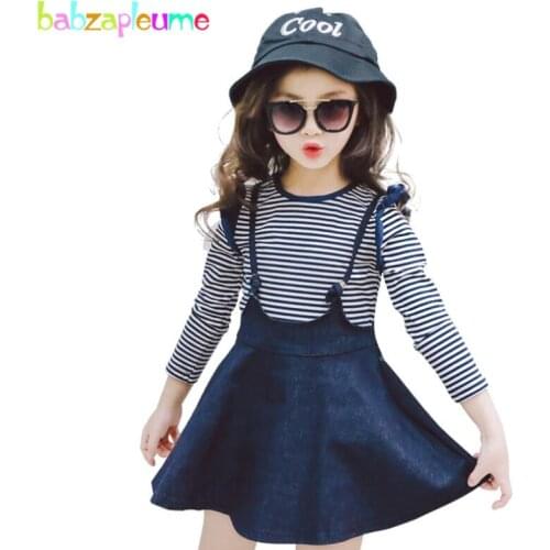 Autumn Kids Girls Clothes Children Clothing Long Sleeve Striped Blouse T-shirt Denim Skirt 2PCS Suit Baby Girl Costume Lady A279