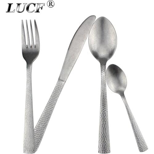 LUCF Matte Antique style hexagon pattern Stainless Steel Western Cutlery formal vintage tableware Delicate Flatware for Kitchen