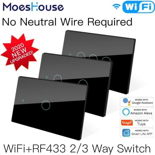 NEW WiFi Smart Light Switch RF433 No Neutral Wire Single Fire Smart Life Tuya App Control Works with Alexa Google Home 110V 220V