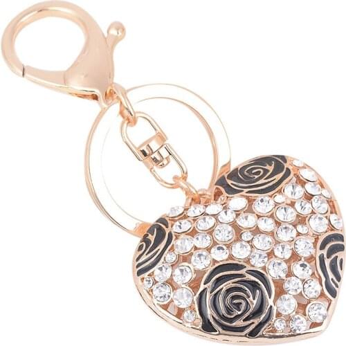 Korean Style Jewelry Crystal Heart Shaped Rose Flower Keychain Car Key Holder Bag Pendant For Women Girl Gift Keyring Trinket