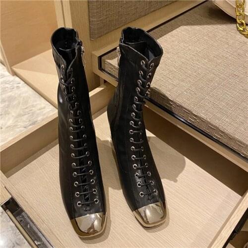 Womens Winter Chunky Ankle Boots Zipper Ankle Boots Metal Square Boots Chelsea High Heel Ankle Boots High Heels Boots Woman