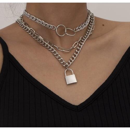 Lock Pendants Punk Necklaces for Women Gold Color Multilayer Chain Personality Female Man Neck Jewelry Gothic Necklace Gifts