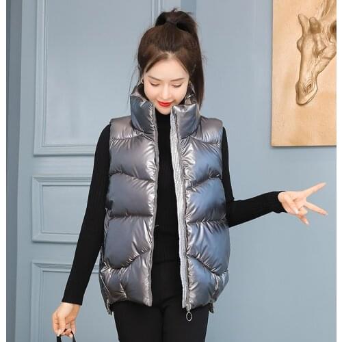 Winter Women Stand Collar Down Vest Solid Ladies Cotton Padded Waistcoat Glossy Bright Sleeveless Jacket for Female