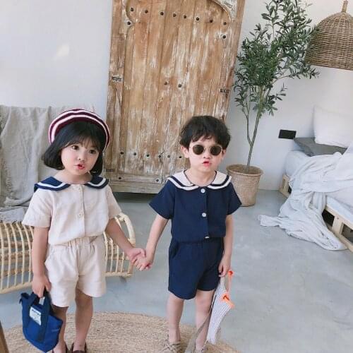 Children Clothes Japanese Style Navy Style Kids Clothes Sailor Collar Cotton Linen T-shirt+Pants 2Pcs Summer Boys Girls Set