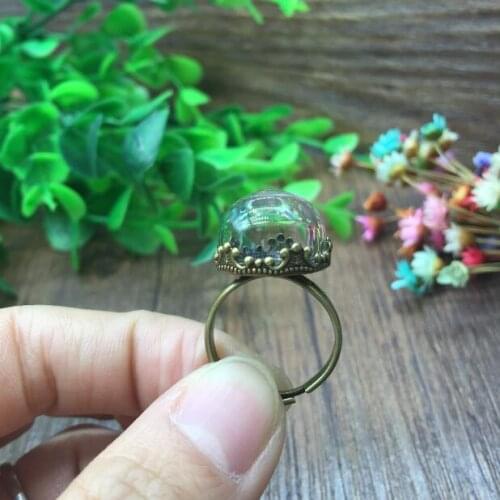20sets/lot 15mm glass dome globe locket brone color crown ring setting base set glass vial jewelry glass bottle cover ring